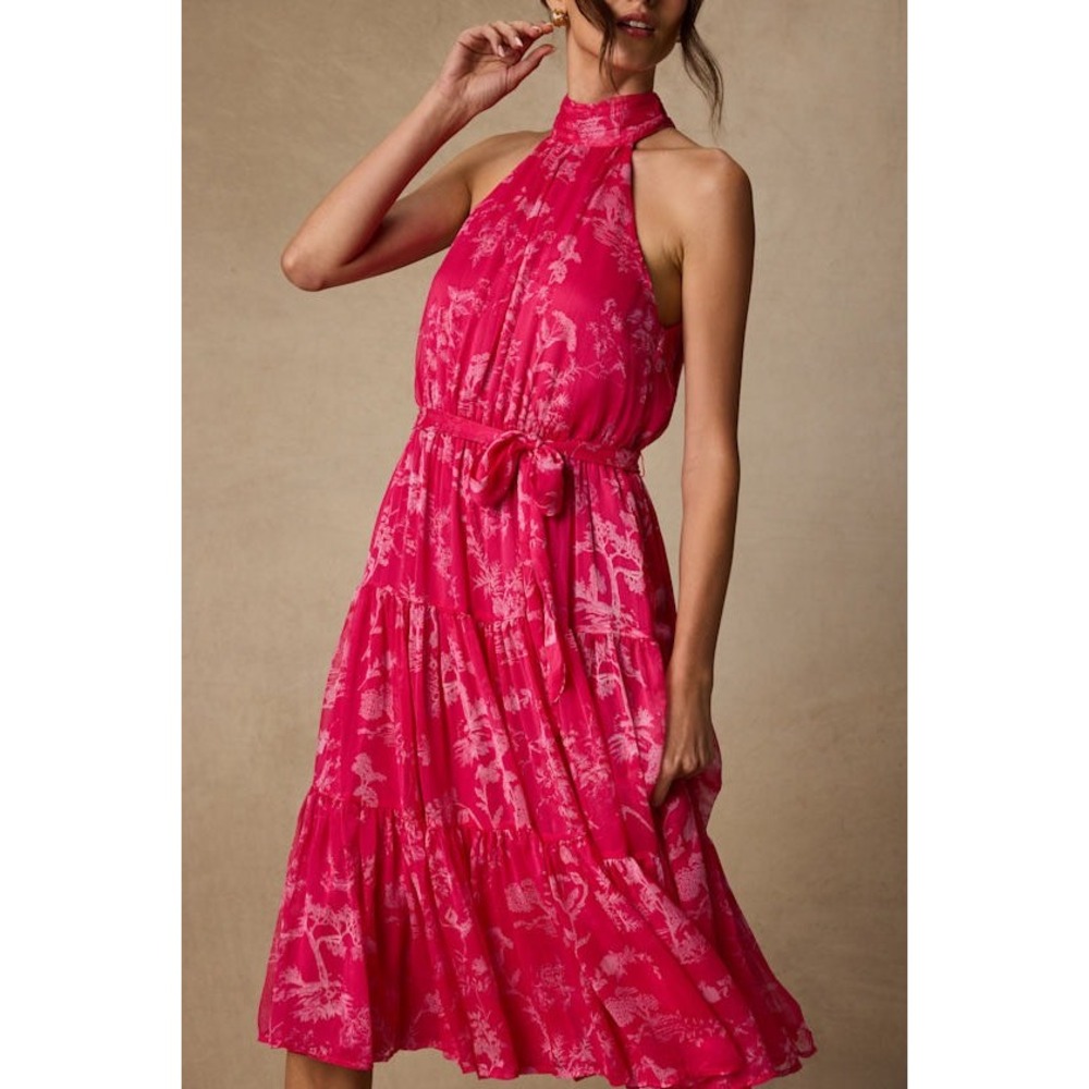 NWT Lulus Float to You Hot Pink Floral Print Halter-Neck Tiered Midi Dress Small - Picture 2 of 12